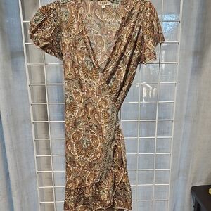 Paisley Wrap Midi Dress in Brown and Green